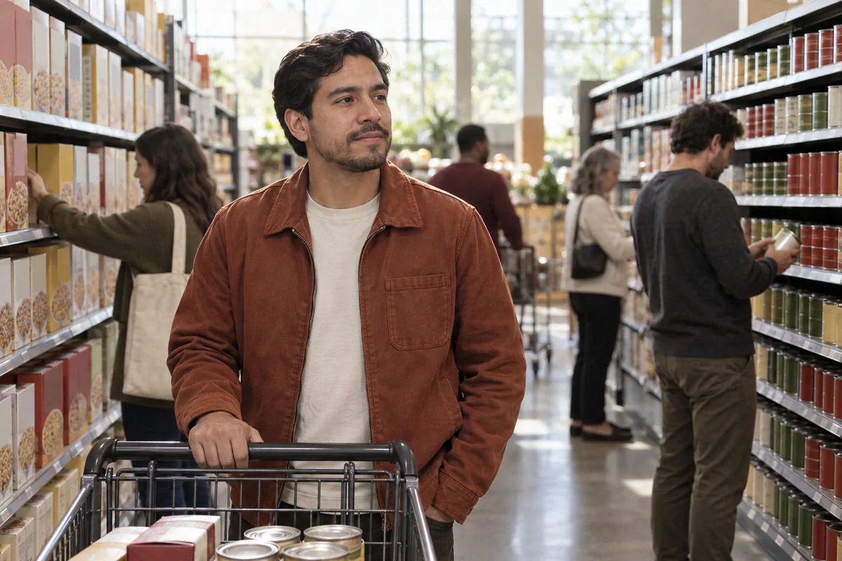 A man in a rust jacket pausing calmly with his shopping cart in a busy grocery aisle. Common triggers of PTSD.