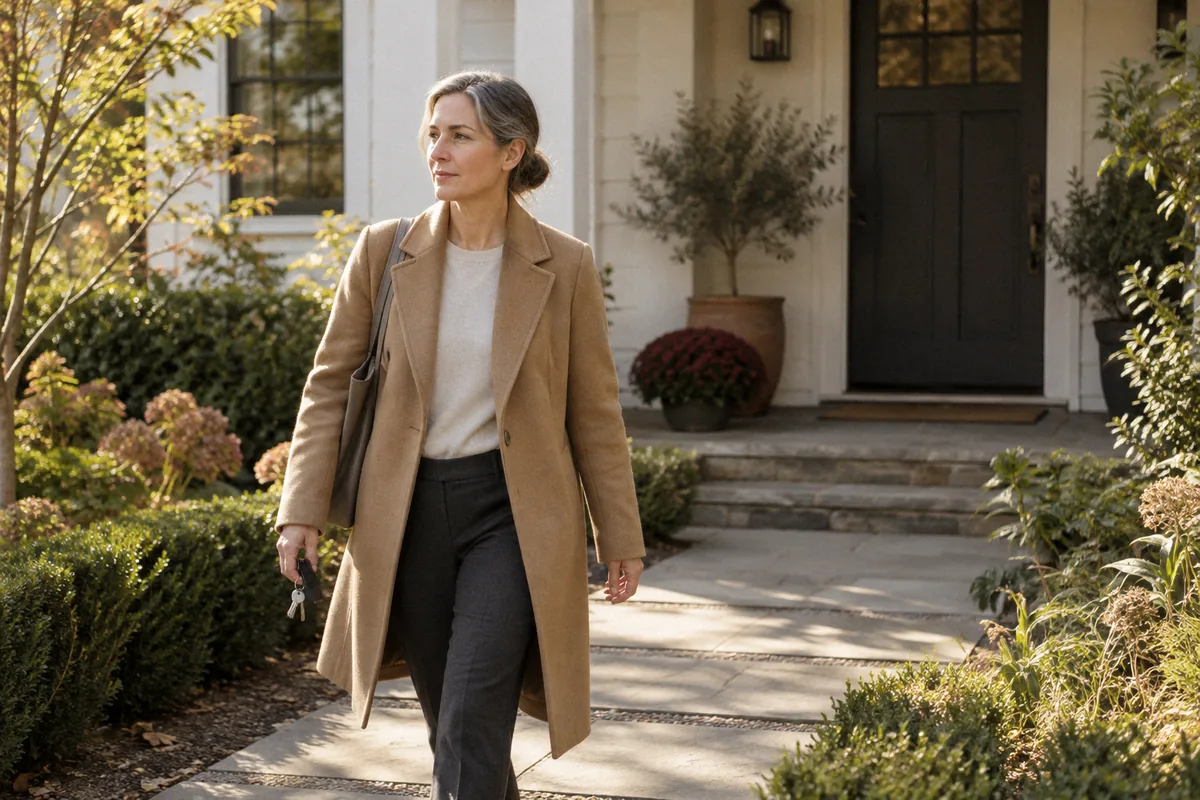 A woman in a camel coat walking away from her front door down a garden path, keys in hand. Anxiety and OCD.