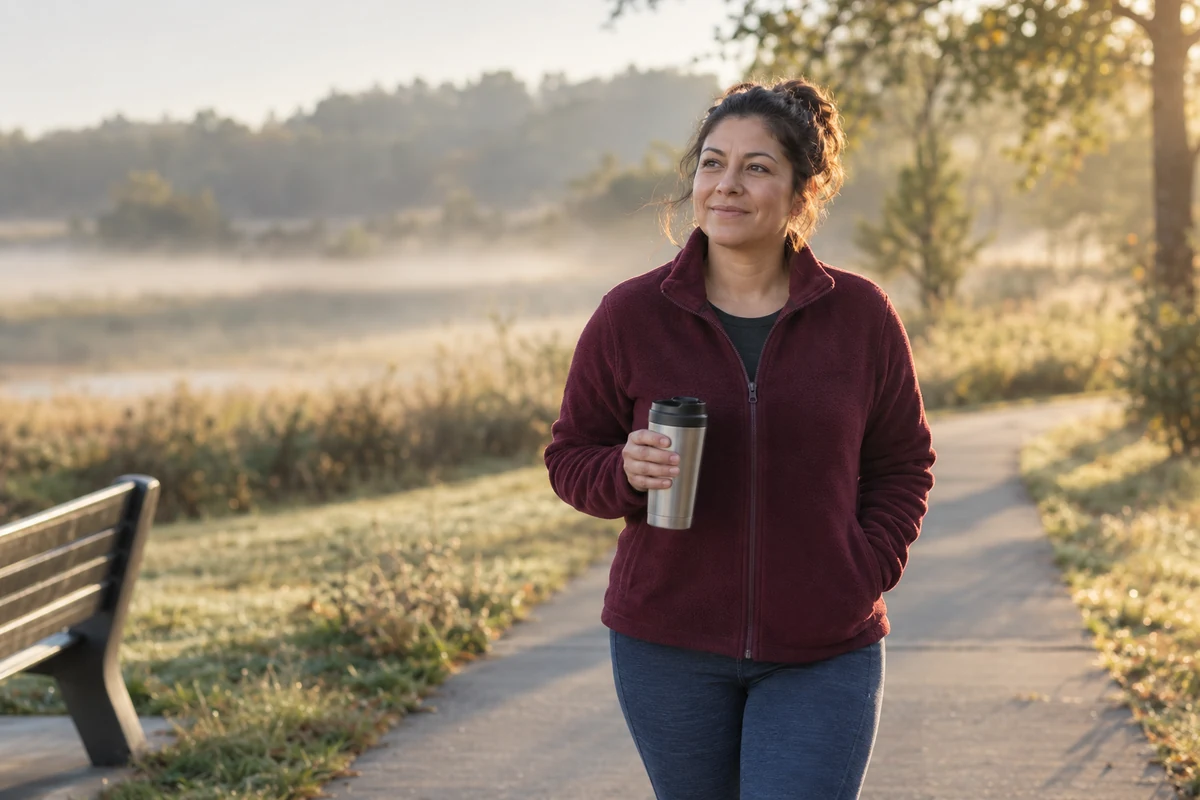 A woman walking a park path in the morning with a travel mug. Coping with depression.