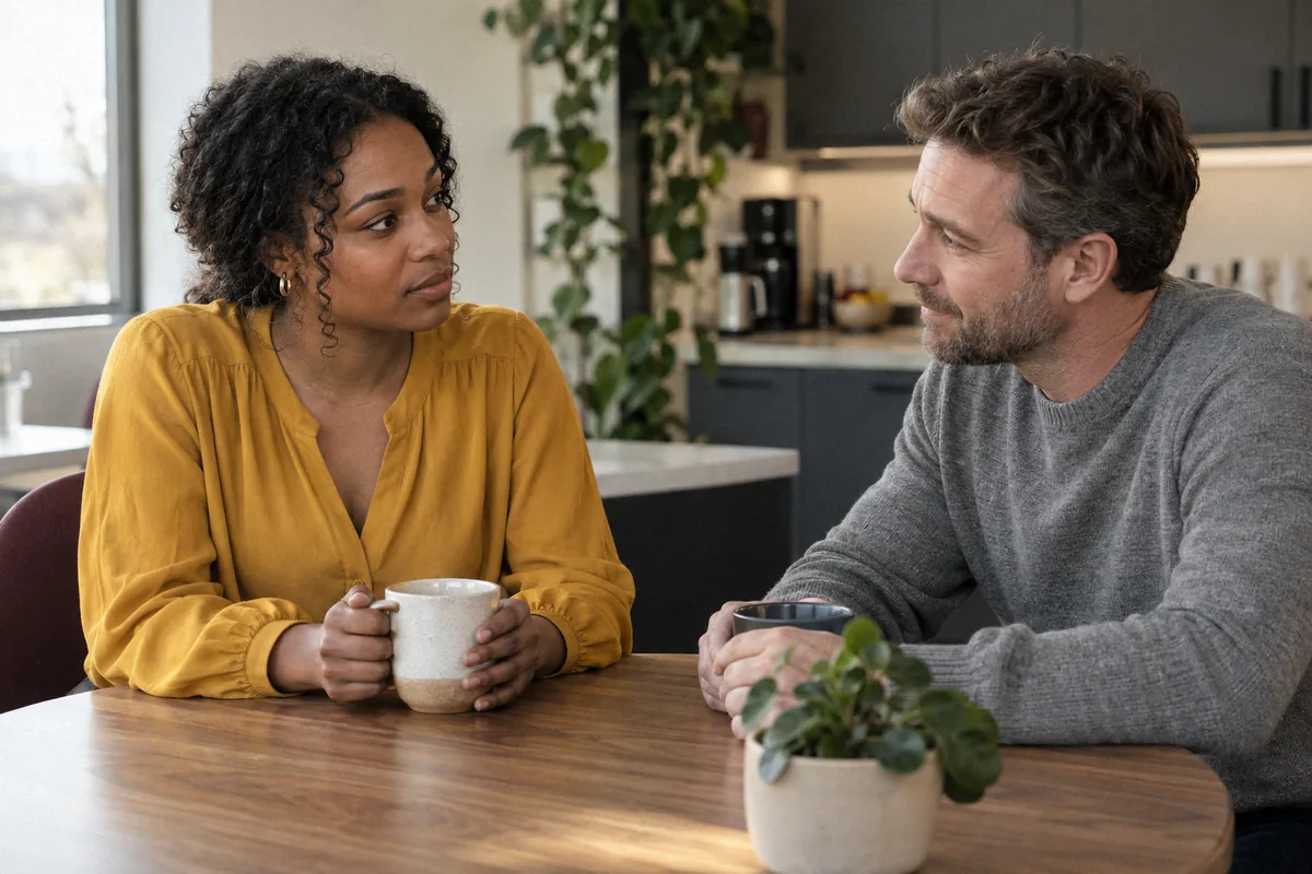 A woman in a mustard blouse and a man in a gray sweater talking over coffee at an office break table. Early signs of depression.