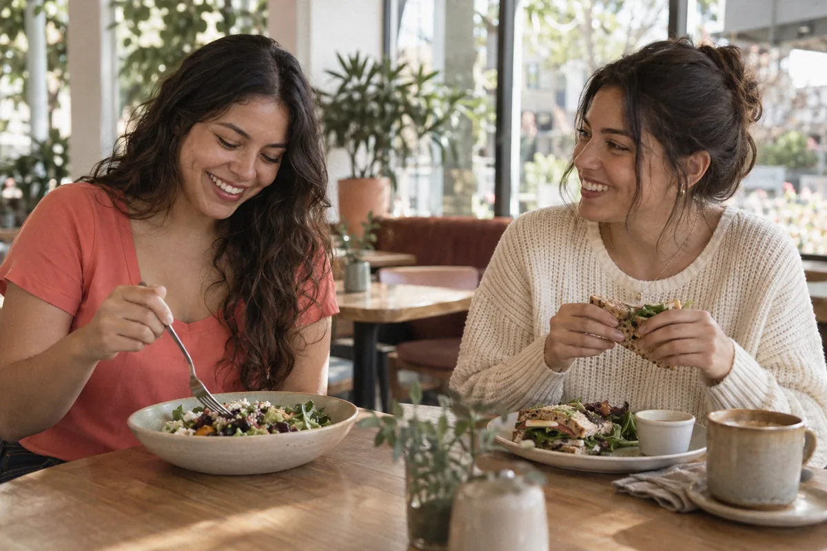 Two young women laughing over lunch at a bright cafe table, a salad and a sandwich between them. Eating disorders and OCD.