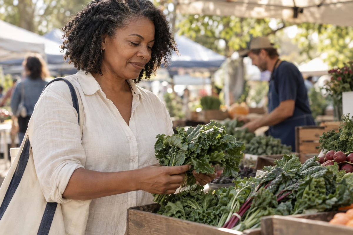 A woman choosing greens at a farmers market stall. Foods that combat depression.