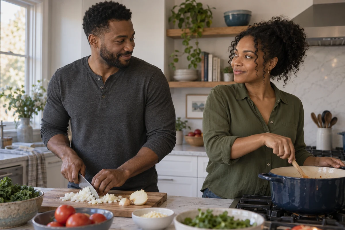 A couple cooking together in a bright kitchen. How OCD impacts relationships.