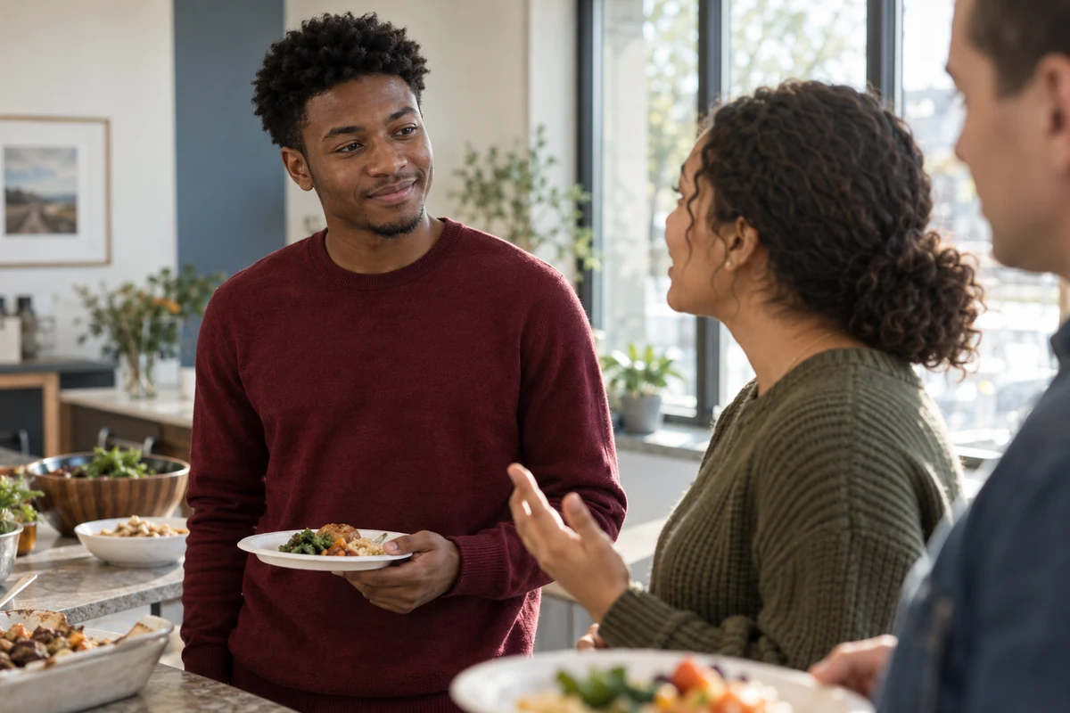 A young man chatting with a small group at a potluck. How to deal with social anxiety.