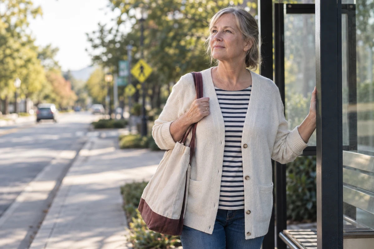 A woman waiting at a suburban bus stop. How to overcome agoraphobia.