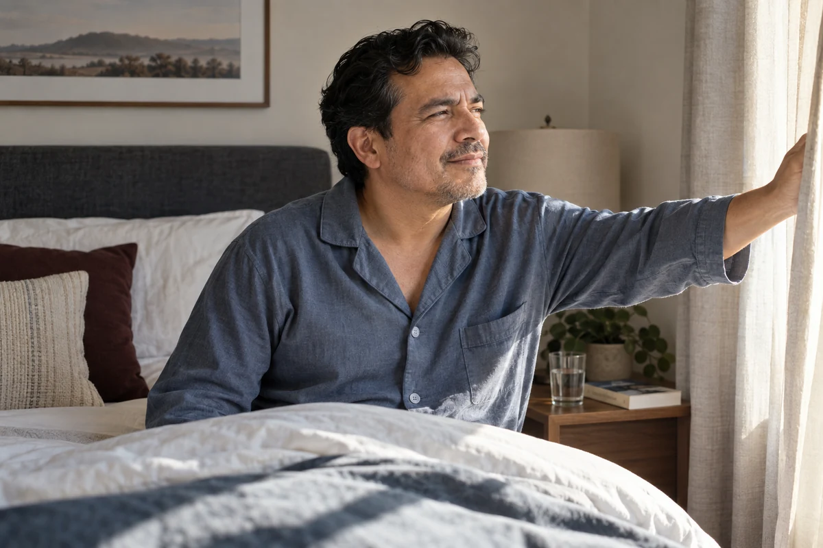 A man sitting up in bed and opening the curtains to morning light. Importance of sleep for mental health.