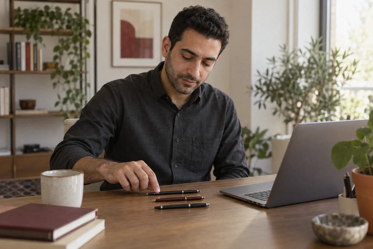 A man in a charcoal shirt lining up three pens in a neat row on his desk beside a laptop. Lesser-known signs of OCD.