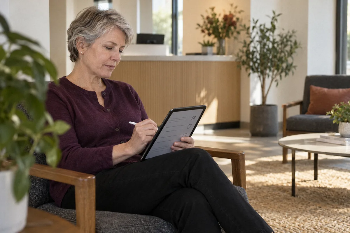 A woman in a plum cardigan filling in a questionnaire on a tablet in a bright waiting room. Depression and anxiety.