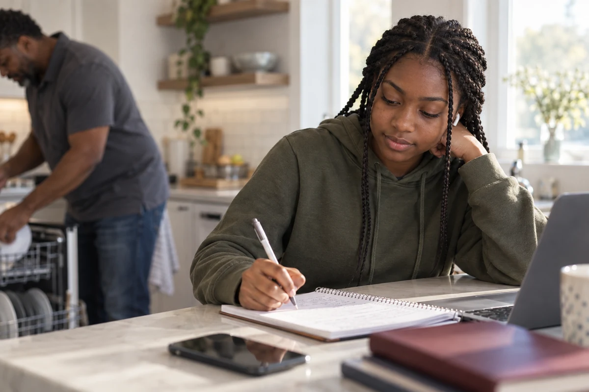 A teenage girl doing homework at a kitchen island while her father loads the dishwasher. Managing anxiety in teens.