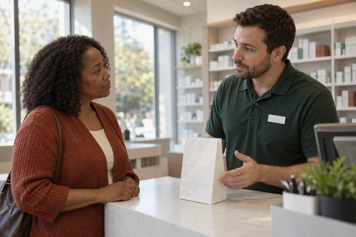 A woman in a rust cardigan at a pharmacy counter as a man in a green polo explains a prescription bag. Medication for depression.