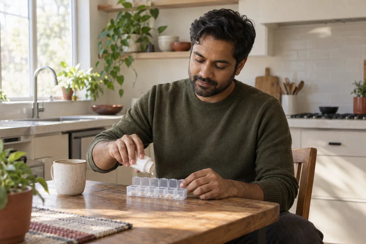 A man in an olive sweater filling a weekly pill organizer at a wooden kitchen table. Medication for OCD.