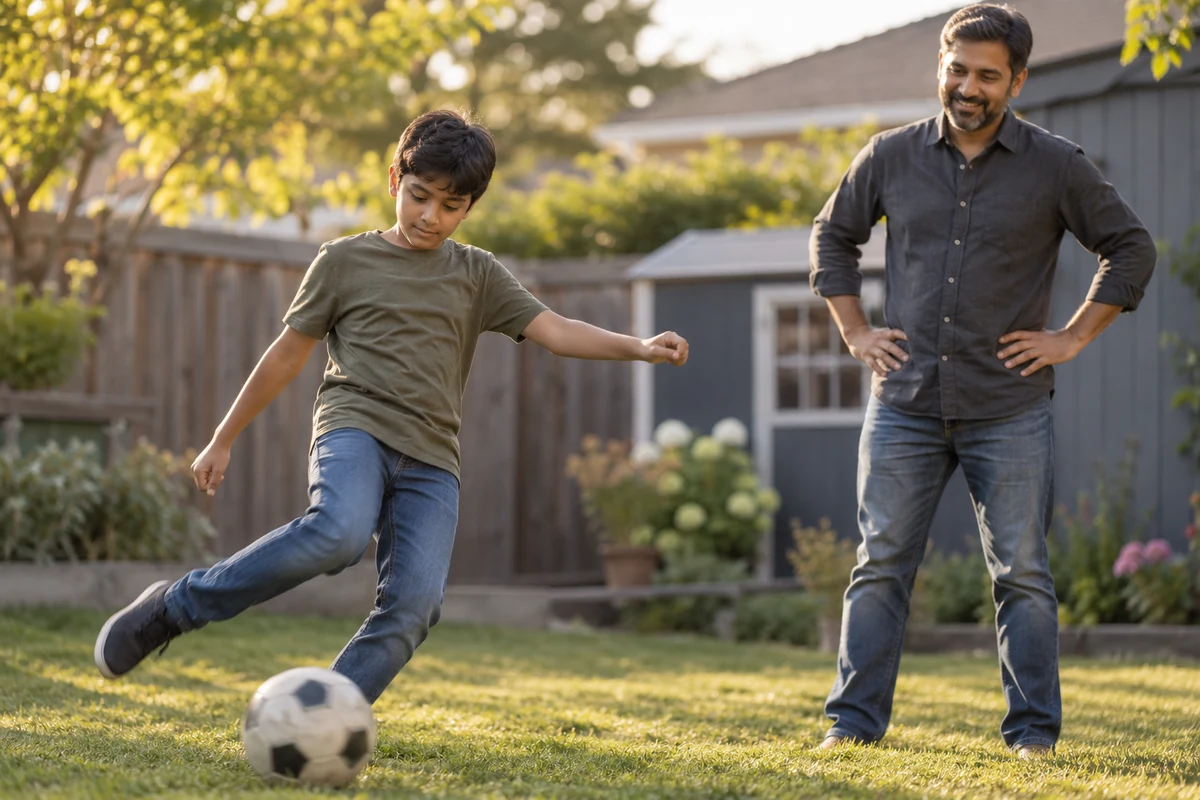 A father and son kicking a soccer ball in a backyard. OCD in children and teens.