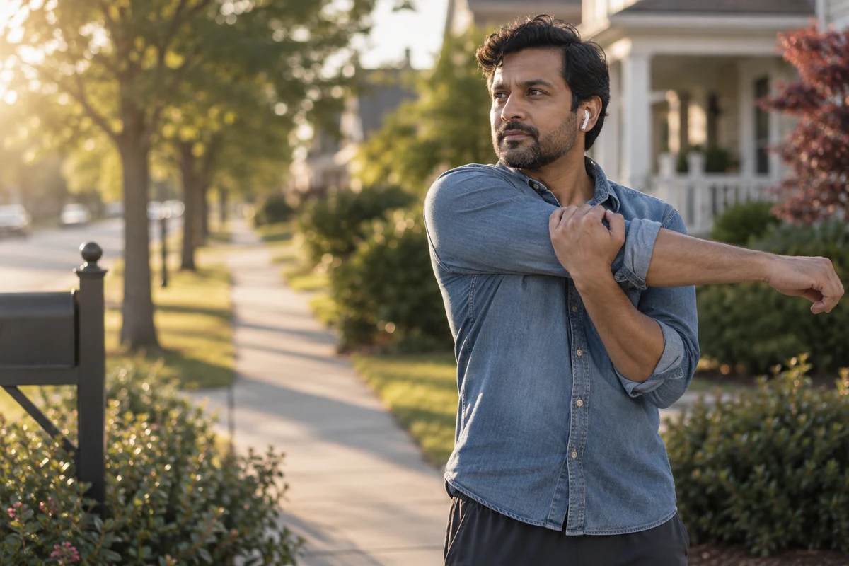 A man stretching on a tree-lined sidewalk before a jog. Physical symptoms of depression.