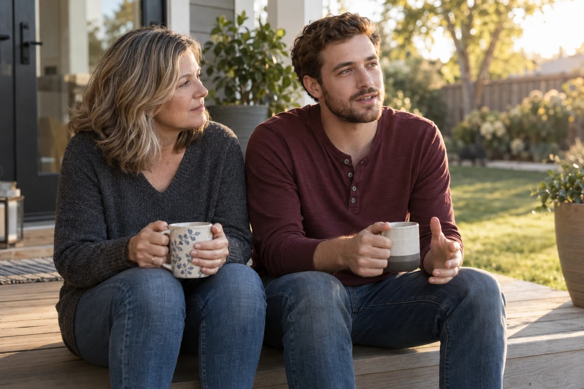 A mother and her adult son talking over coffee on a porch. Supporting a loved one with depression.