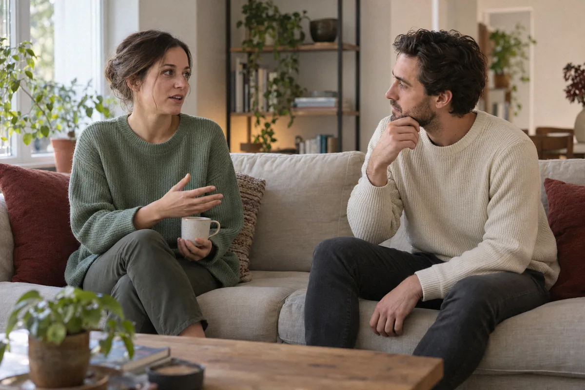A woman in a sage sweater talking on a sofa while a man in a cream sweater listens. The emotional impact of depression.