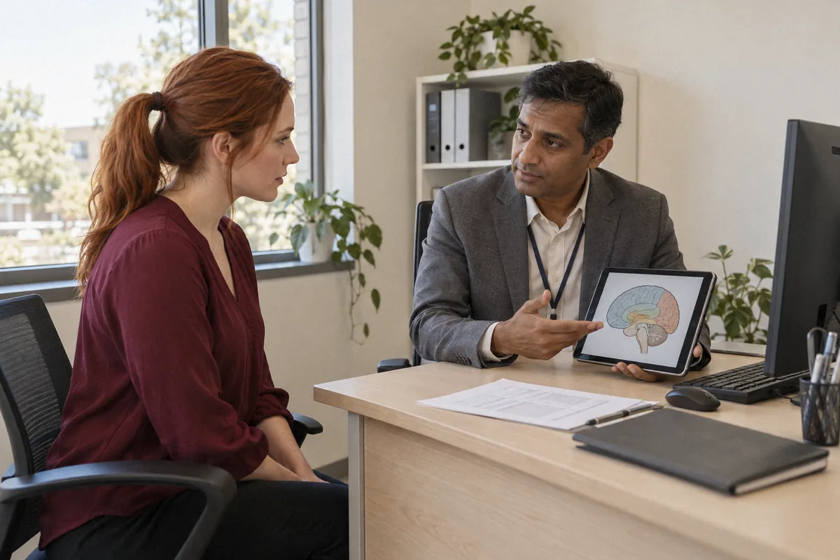 A man in a gray blazer showing a brain illustration on a tablet across an office desk to a woman in a burgundy blouse. The science behind PTSD.
