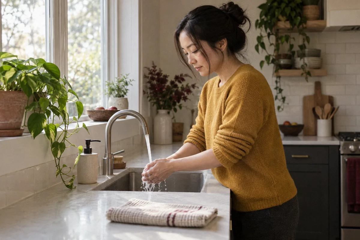 A woman in a mustard sweater washing her hands at a bright kitchen sink, a folded towel beside her. Types of OCD.