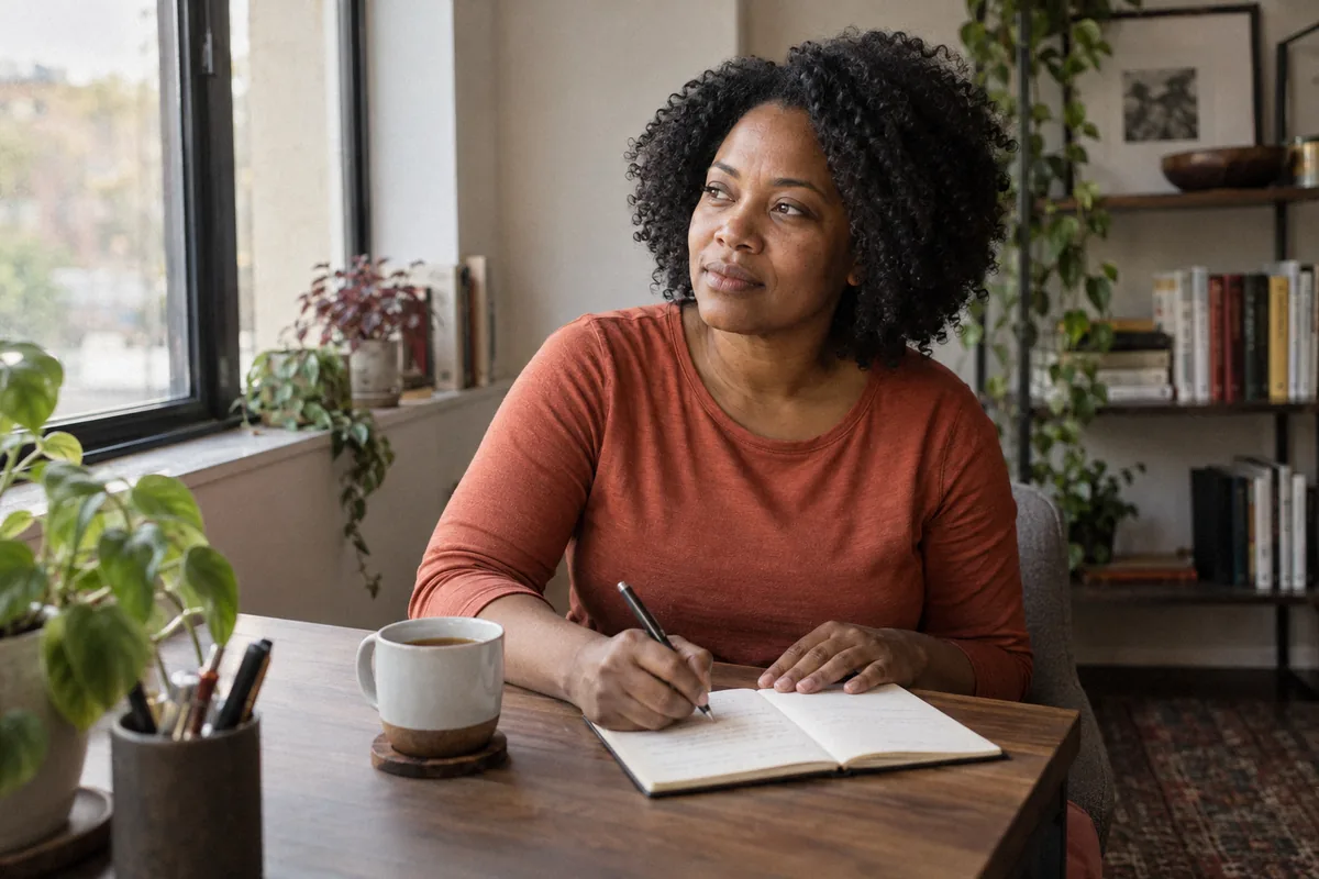 A woman in a terracotta top pausing to write a note in a notebook at a desk by a window. What are intrusive thoughts.
