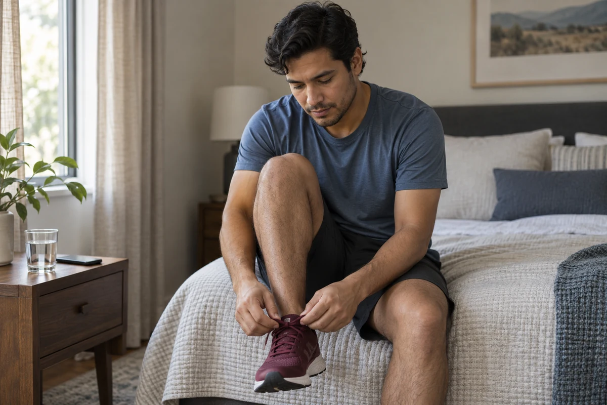 A man tying his running shoes on the edge of his bed. What is anxiety?