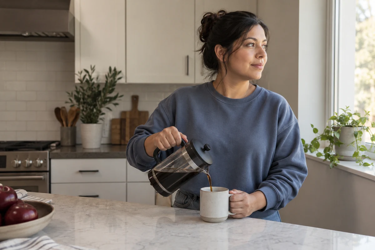A woman pouring coffee in a bright kitchen and glancing out of the window