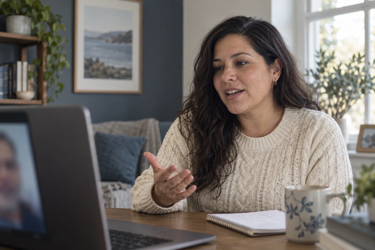 A woman on a video call at a home office desk. What is OCD?