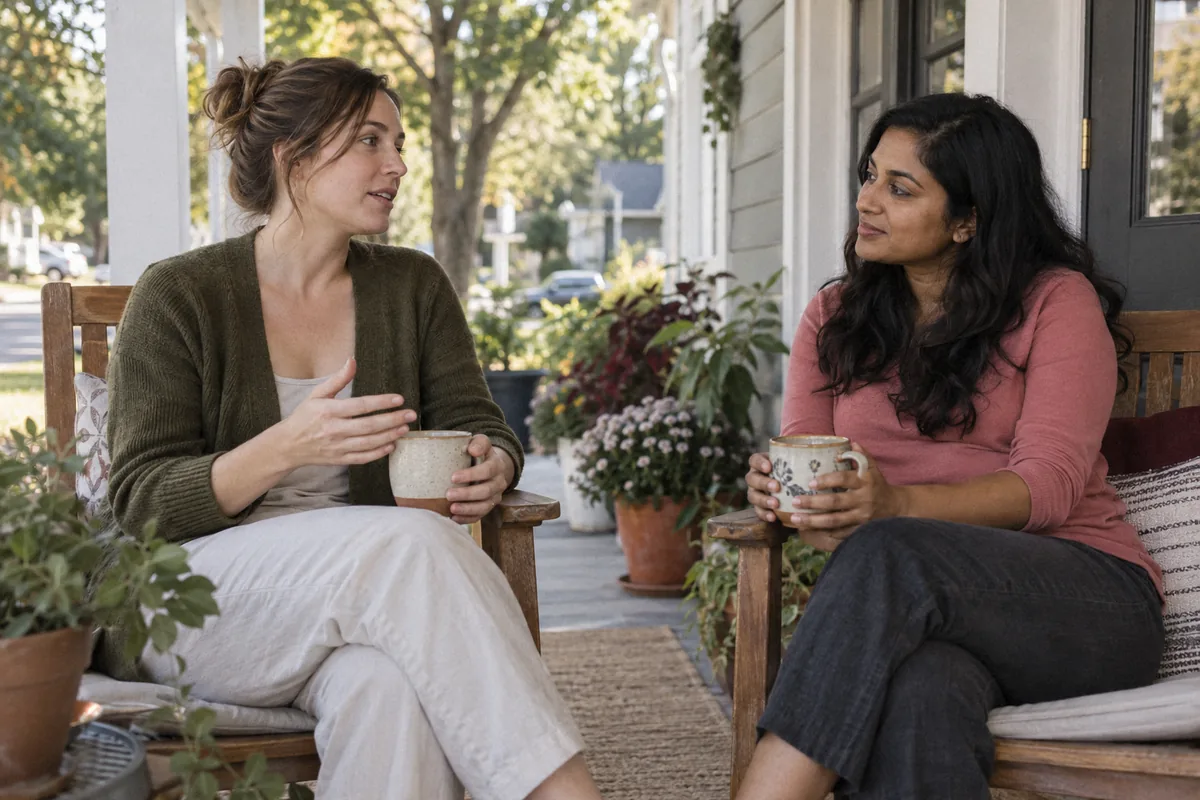 Two women talking with mugs on a front porch on a sunny morning. What is PTSD.