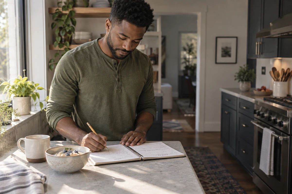 A man writing in a weekly planner at a kitchen counter. Bipolar 1 vs bipolar 2.