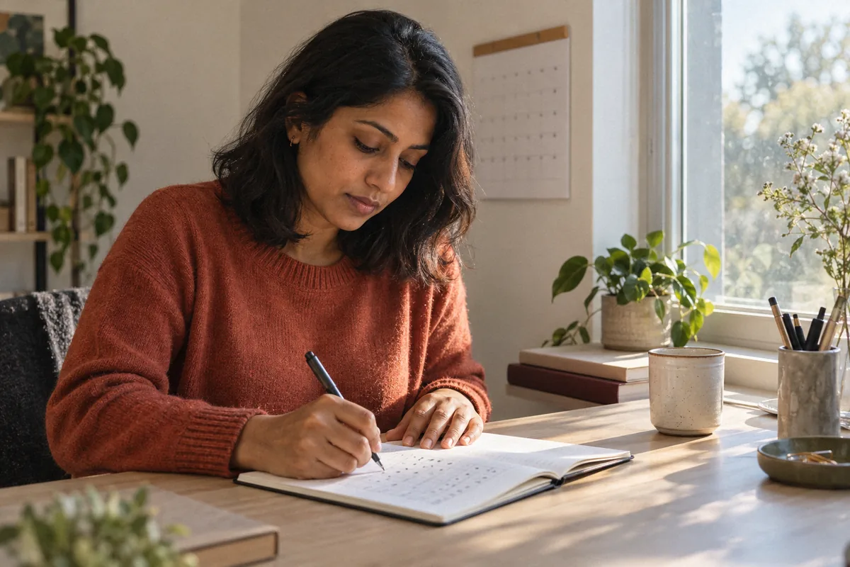 A woman in a terracotta sweater writing in a mood chart notebook at a sunny desk, a calendar on the wall. Bipolar depression vs depression.