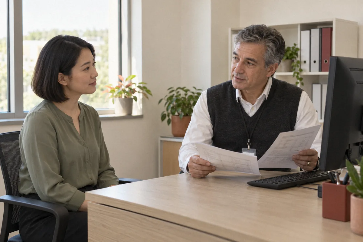 A woman in a sage blouse listening across an office desk to a man in a knit vest holding printed pages. Do psychiatrists do therapy.