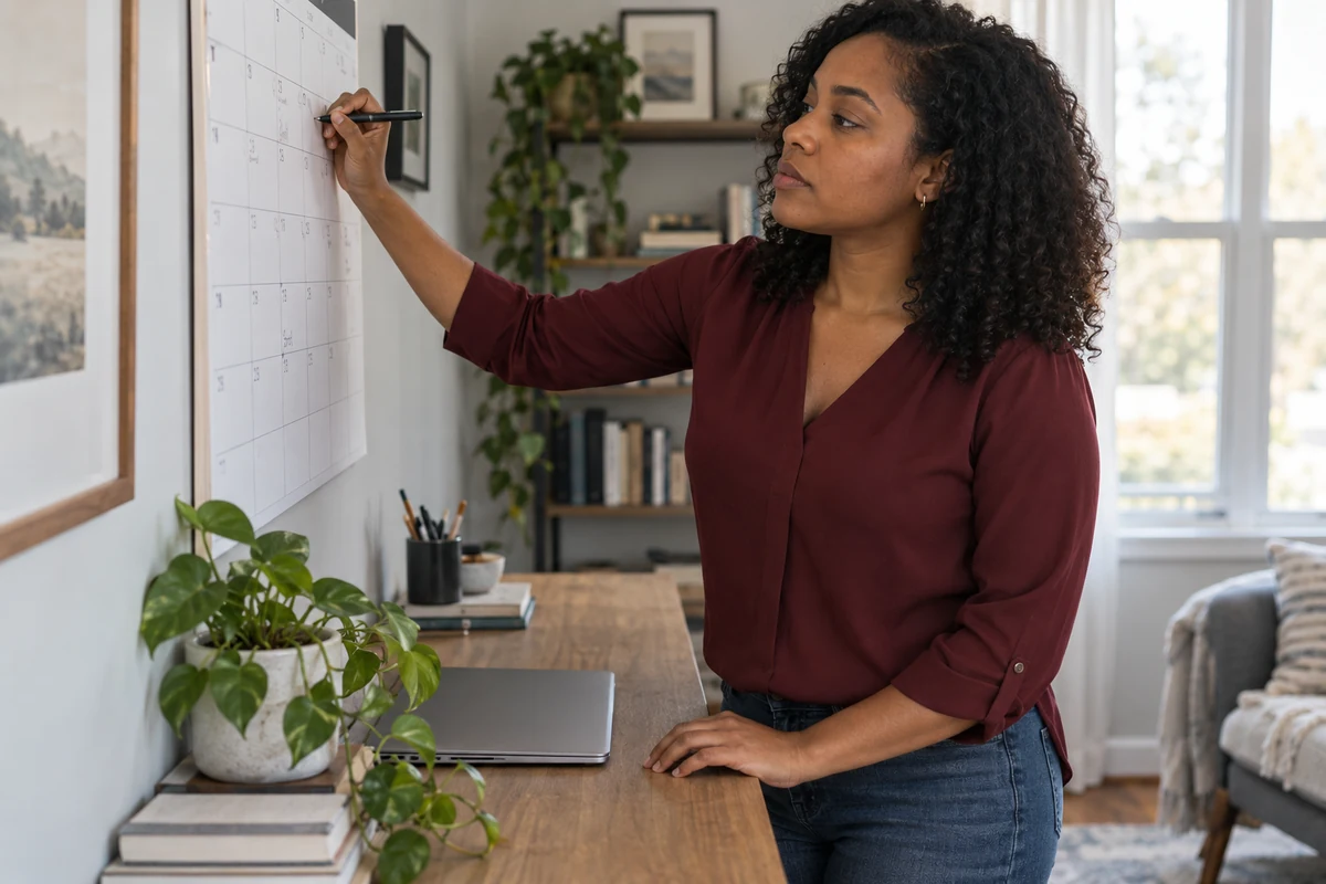 A woman marking a wall calendar in a home office