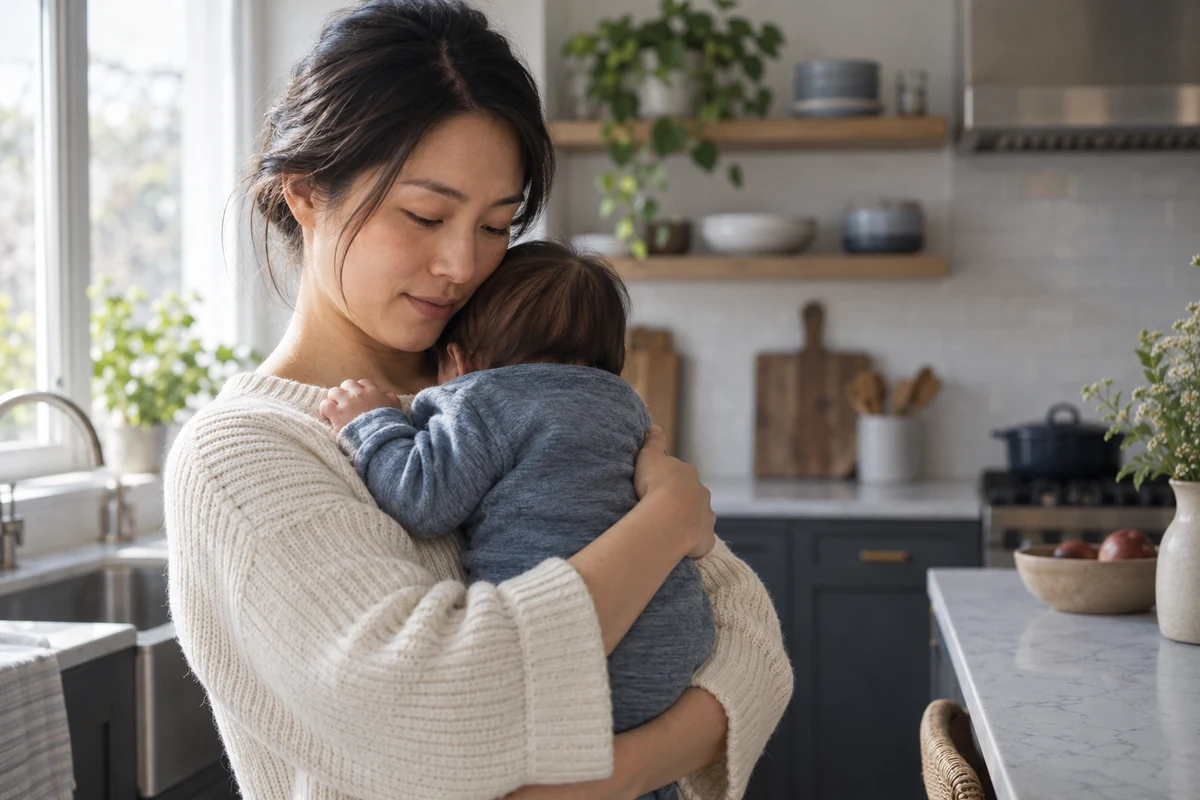 A mother holding her sleeping baby in a bright kitchen