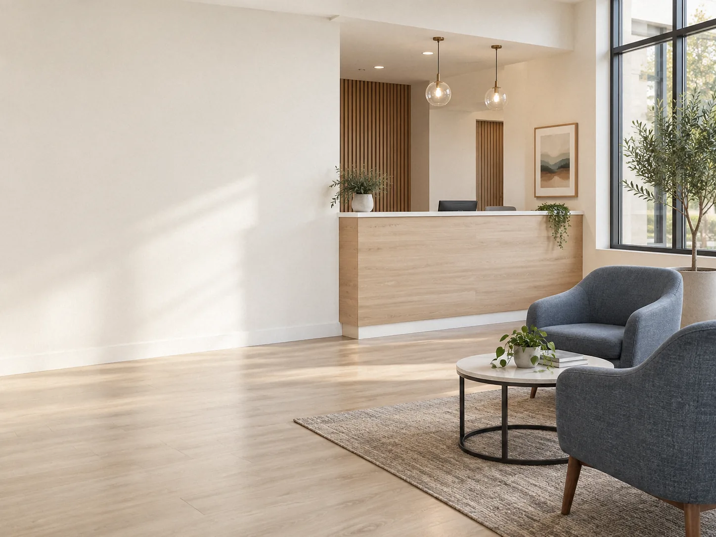 An empty, bright reception area with two blue-gray chairs and green plants