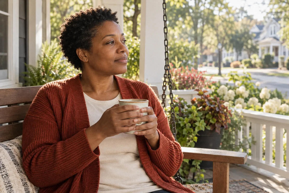 A woman with a mug of tea on a porch swing, looking out at the garden. CPTSD vs PTSD.