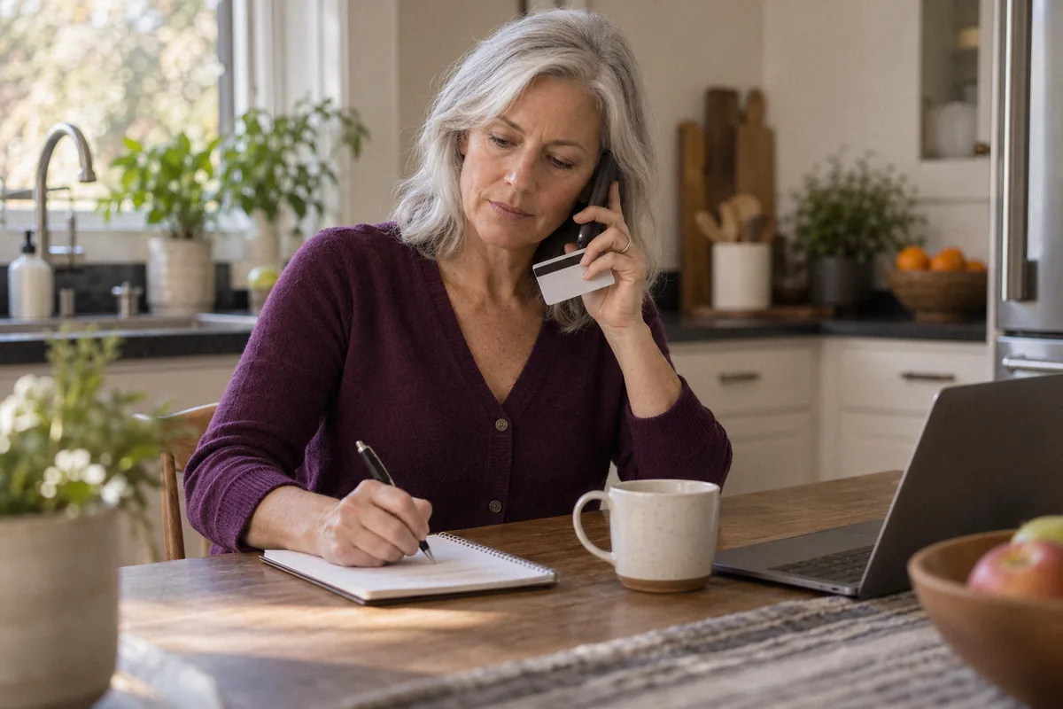A woman on the phone at a kitchen table, holding a card and writing a note. Do you need a referral to see a psychiatrist?
