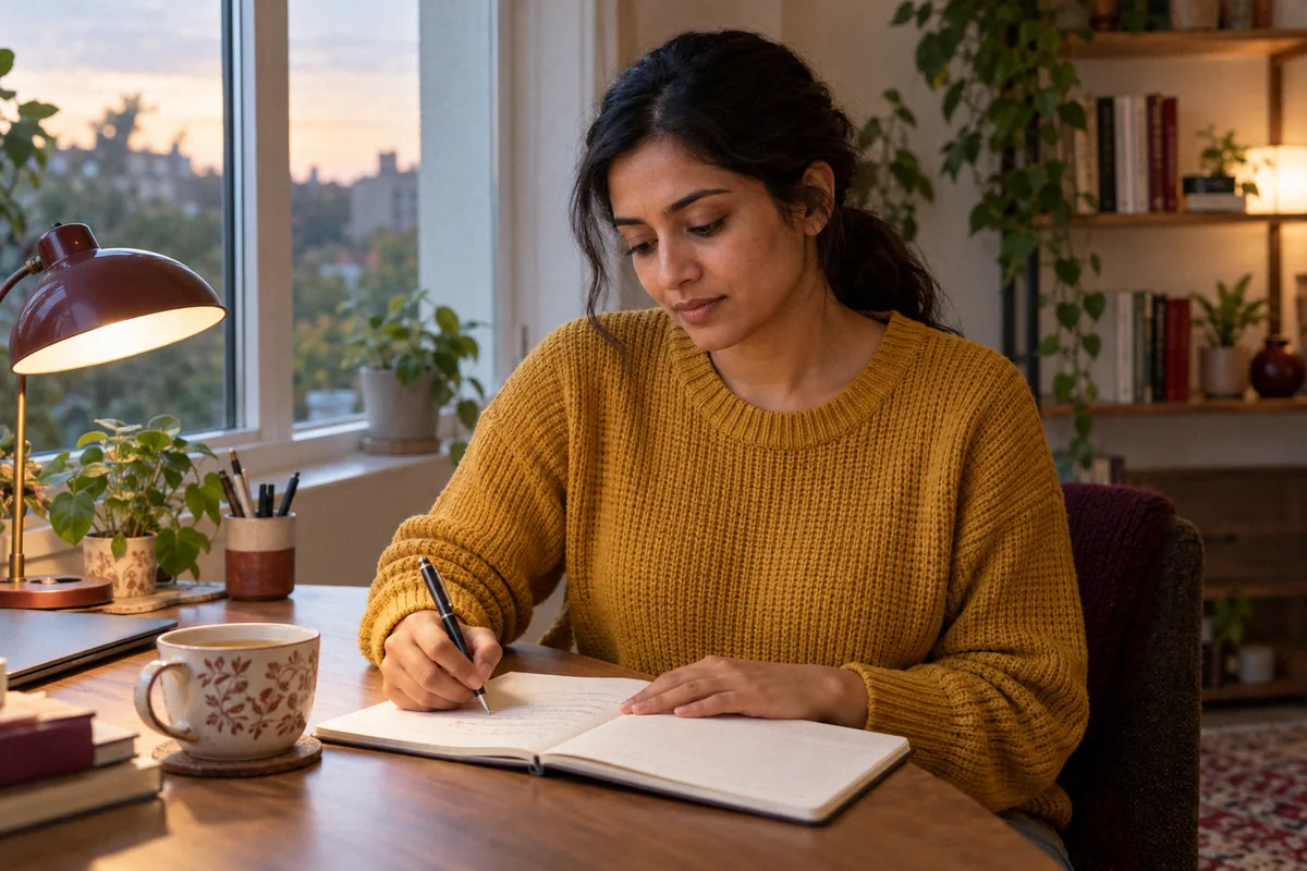 A woman writing in a notebook at her desk by lamplight. How to stop overthinking.