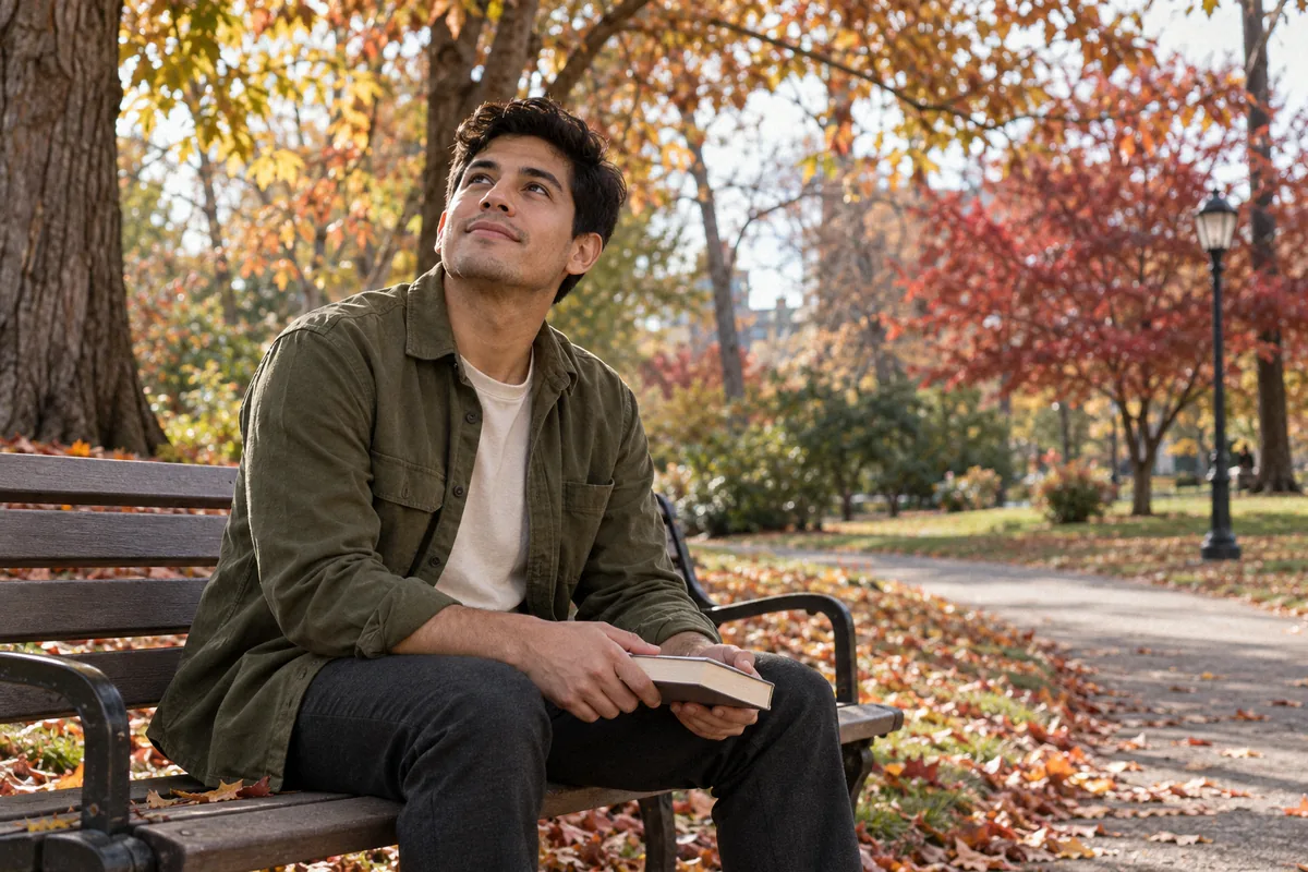 A man on a park bench in autumn, looking up at the trees. Pure O OCD.