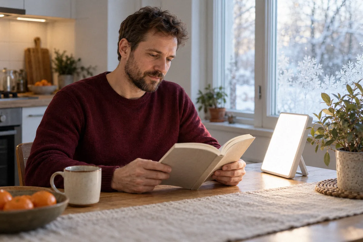 A man reading at a winter kitchen table beside a light therapy panel. Seasonal depression.